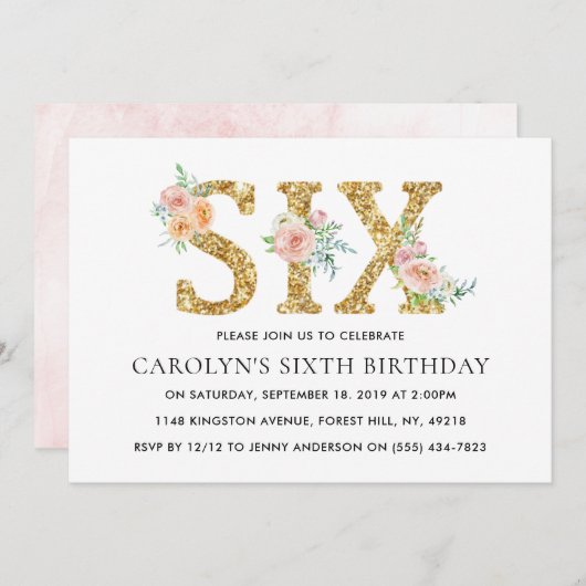 エレガントフローラ金ゴールドグリッター6誕生日 招待状 (正面/裏面)