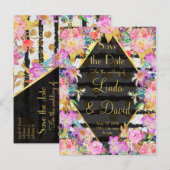 エレガントフローラ金ゴールドストライプドット結婚、デザイン 案内ポストカード (正面/裏面)