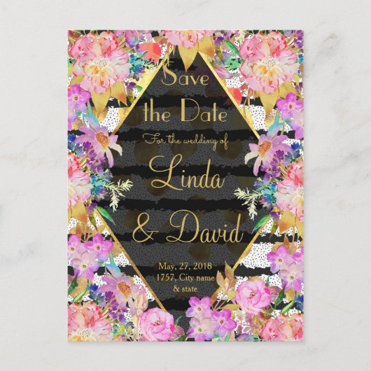 エレガントフローラ金ゴールドストライプドット結婚、デザイン 案内ポストカード (正面)