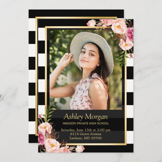 エレガントフローラ金ゴールドストライプ白黒 案内状 (正面/裏面)