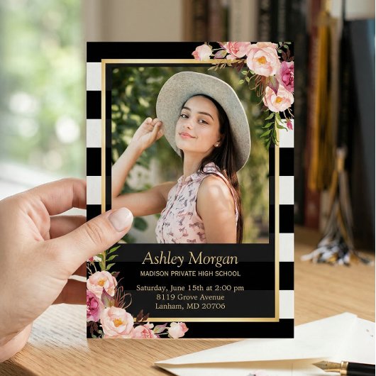 エレガントフローラ金ゴールドストライプ白黒 案内状