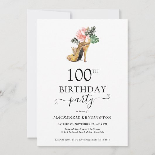 エレガントフローラ金ゴールドハイヒール100誕生日 招待状 (正面)