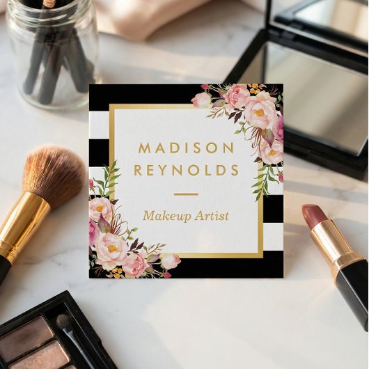 エレガントフローラ金ゴールドフレームの白黒ストライプ スクエア名刺