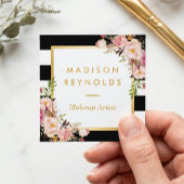 エレガントフローラ金ゴールドフレームの白黒ストライプ スクエア名刺