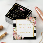 エレガントフローラ金ゴールドフレームの白黒ストライプ スクエア名刺