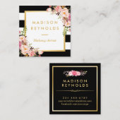 エレガントフローラ金ゴールドフレームの白黒ストライプ スクエア名刺 (正面/裏面)