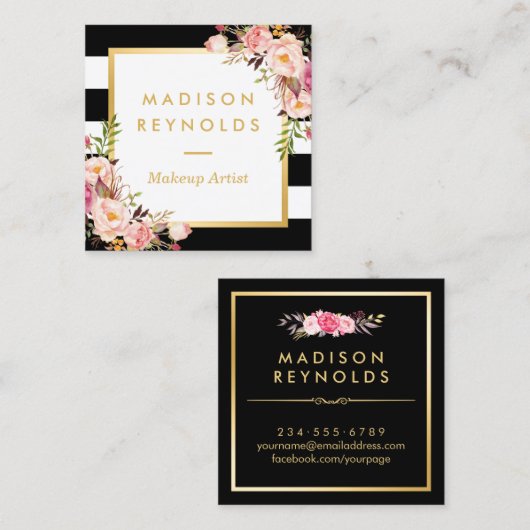 エレガントフローラ金ゴールドフレームの白黒ストライプ スクエア名刺 (正面/裏面)