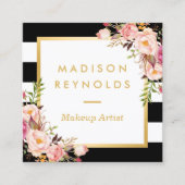 エレガントフローラ金ゴールドフレームの白黒ストライプ スクエア名刺 (正面)