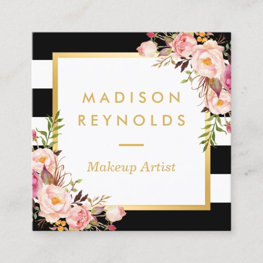 エレガントフローラ金ゴールドフレームの白黒ストライプ スクエア名刺 (正面)