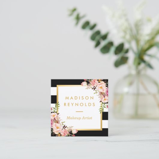 エレガントフローラ金ゴールドフレームの白黒ストライプ スクエア名刺 (スタンド正面)