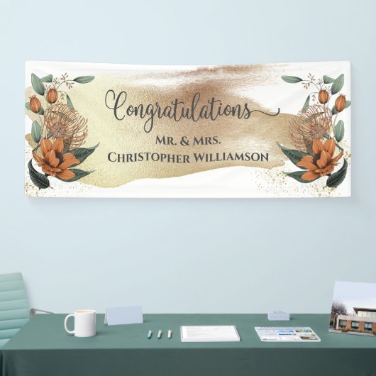 エレガントフローラ金ゴールド白お祝い結婚の 横断幕 (トレードショー)