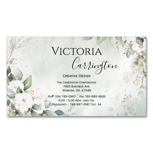 エレガントフローラ金ゴールド緑のスクリプトプロフェッショナル マグネット名刺 (正面)