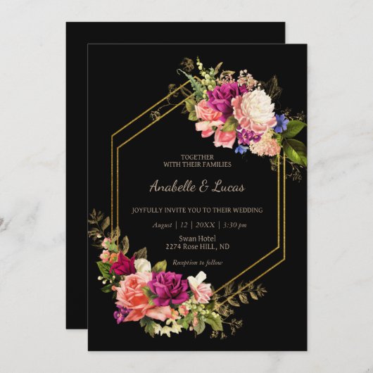 エレガントフローラ金枠結婚式招待状 招待状 (正面/裏面)