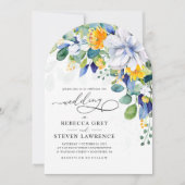 エレガントフローラ黄ホワイトブルー結婚アーチ 招待状 (正面)