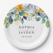 エレガントフローラ黄ホワイトブルー結婚モノグラム ペーパープレート (正面)