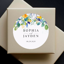 エレガントフローラ黄ホワイトブルー結婚モノグラム ラウンドシール