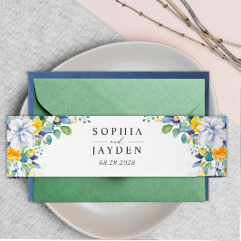 エレガントフローラ黄ホワイトブルー結婚モノグラム 招待状ベリーバンド