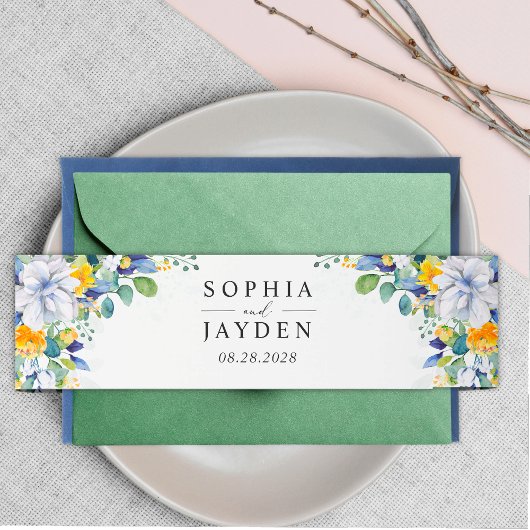 エレガントフローラ黄ホワイトブルー結婚モノグラム 招待状ベリーバンド