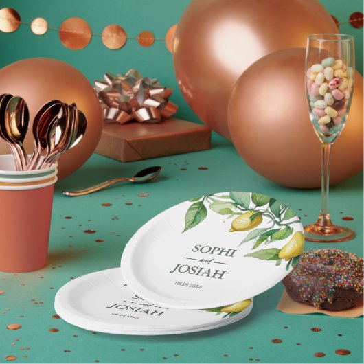 エレガントフローラ黄ライム白結婚青 ペーパープレート (複数)