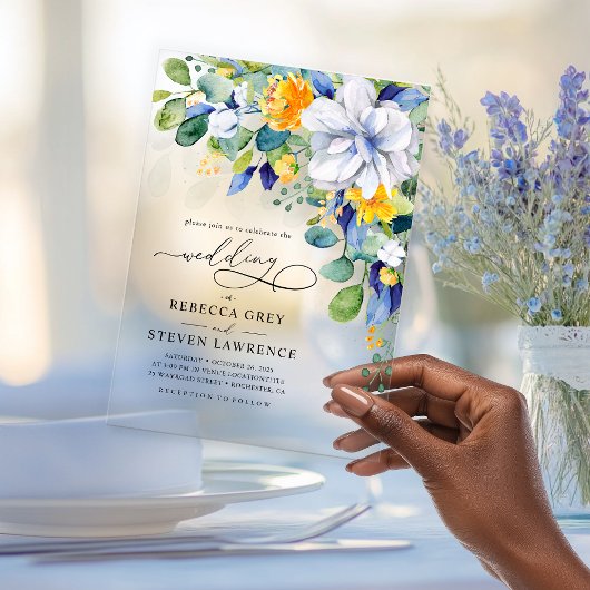 エレガントフローラ黄結婚青 アクリル招待状