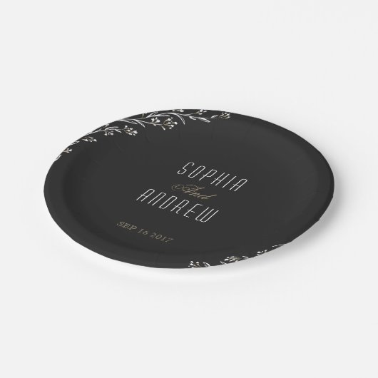 エレガントフローラ黒ラス結婚テック ペーパープレート (アングル)
