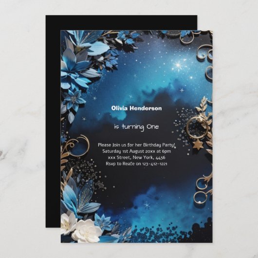 エレガントフローラ1回目の誕生日招待状 招待状 (正面/裏面)