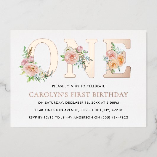 エレガントフローラ1歳の誕生日実在 箔招待状 (正面)