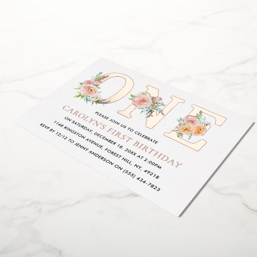 エレガントフローラ1歳の誕生日実在 箔招待状 (回転した状態)