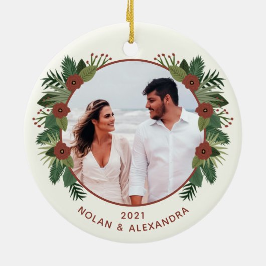 エレガントフローラ2写真の結婚した初めてのクリスマス セラミックオーナメント (裏面)