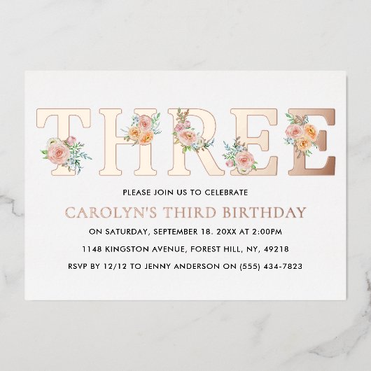 エレガントフローラ3歳の誕生日実在 箔招待状 (正面)