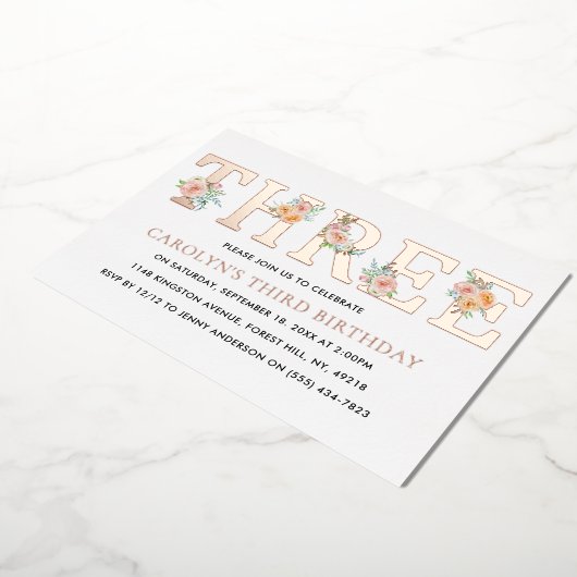 エレガントフローラ3歳の誕生日実在 箔招待状 (回転した状態)