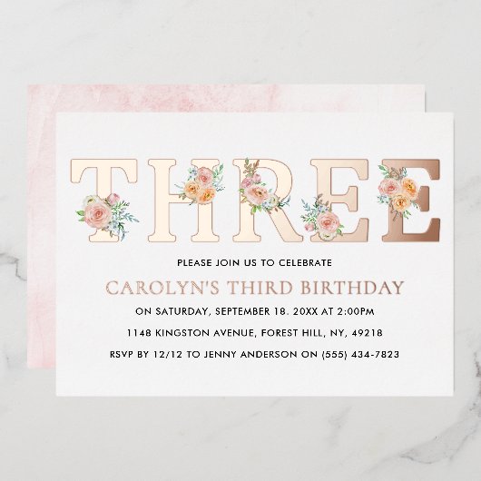 エレガントフローラ3歳の誕生日実在 箔招待状 (正面/裏面)