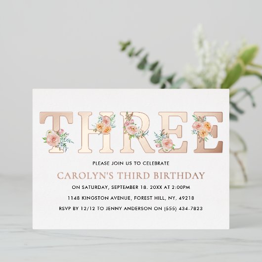 エレガントフローラ3歳の誕生日実在 箔招待状 (立ち正面)