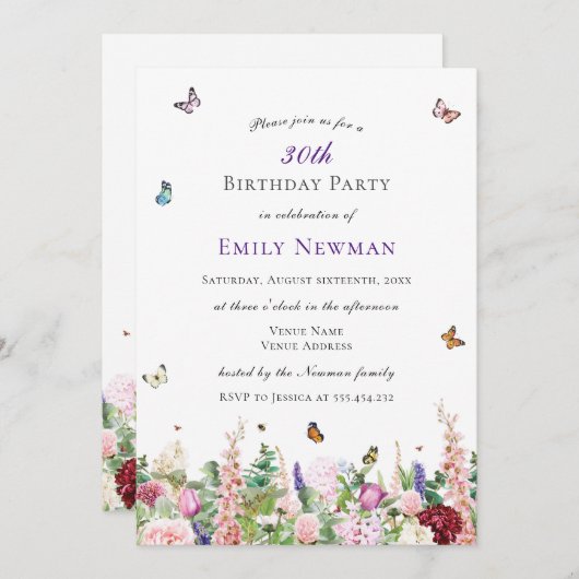 エレガントフローラ30歳の誕生日パーティー 招待状 (正面/裏面)