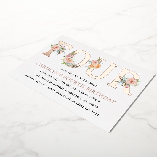 エレガントフローラ4歳の誕生日実在 箔招待状 (回転した状態)