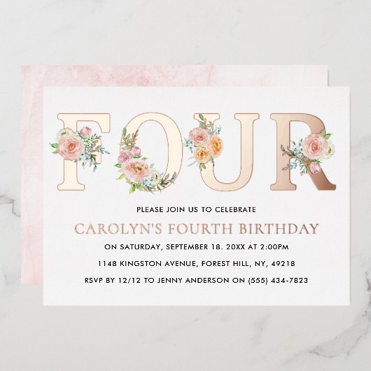 エレガントフローラ4歳の誕生日実在 箔招待状 (正面/裏面)