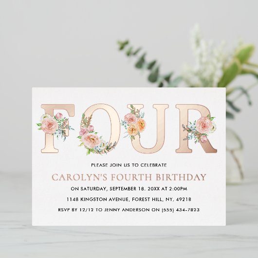 エレガントフローラ4歳の誕生日実在 箔招待状 (立ち正面)