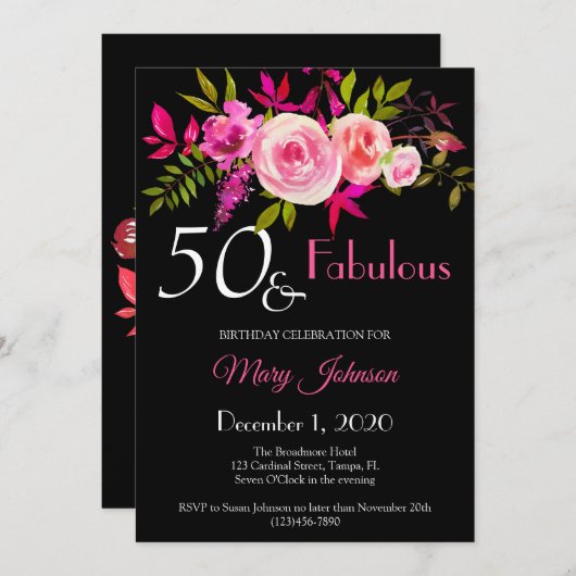 エレガントフローラ50と素晴らしい誕生日招待状 セーブザデート (正面/裏面)
