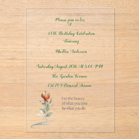 エレガントフローラ60歳の母への誕生日の招待 アクリル招待状 (正面)