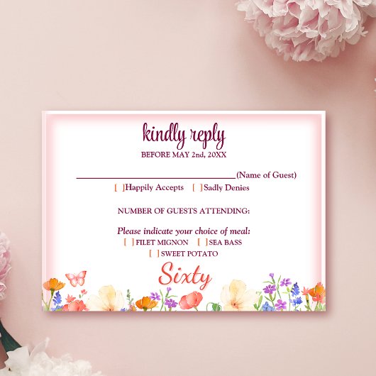 エレガントフローラ60歳の誕生日RSVPカード60花 出欠カード