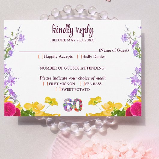 エレガントフローラ60歳の誕生日RSVPカード60花 出欠カード