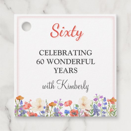 エレガントフローラ60番目の誕生日メッセージカード60カスタム フェイバータグ (正面)