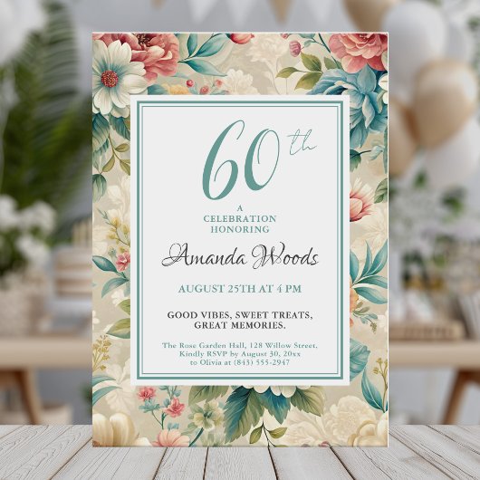エレガントフローラ60番目の誕生祝いヴィンテージ 招待状