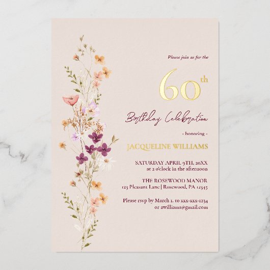 エレガントフローラ60誕生日 箔招待状 (正面)