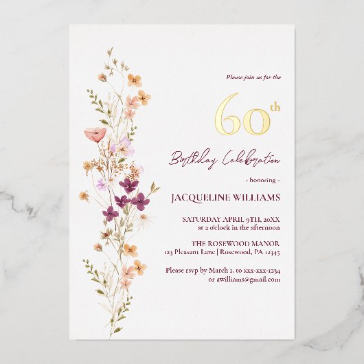 エレガントフローラ60誕生日 箔招待状 (正面)