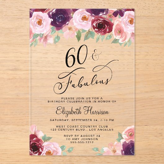 エレガントフローラ60th誕生日パーティー アクリル招待状 (正面)