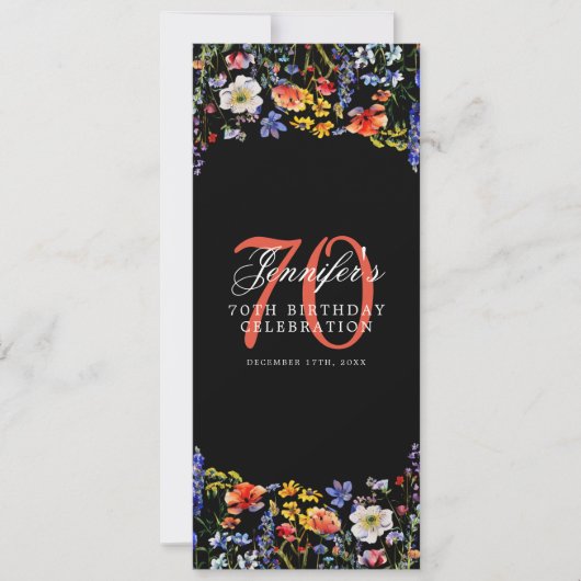 エレガントフローラ70番目の誕生日メニュー黒 招待状 (正面)
