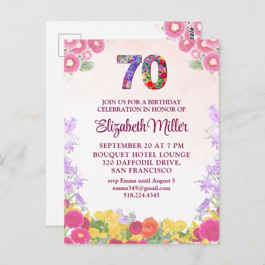 エレガントフローラ70th誕生日パーティーへの招待 ポストカード (正面/裏面)