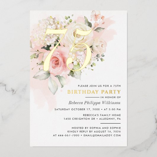 エレガントフローラ75th水彩誕生日パーティー金ゴールド 箔招待状 (正面)
