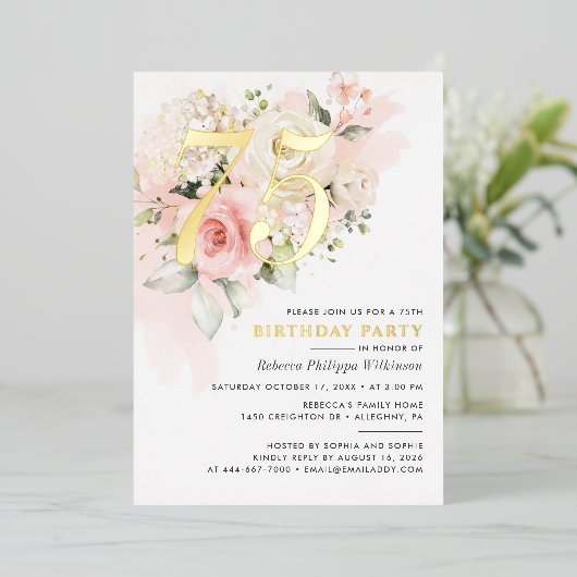 エレガントフローラ75th水彩誕生日パーティー金ゴールド 箔招待状 (立ち正面)